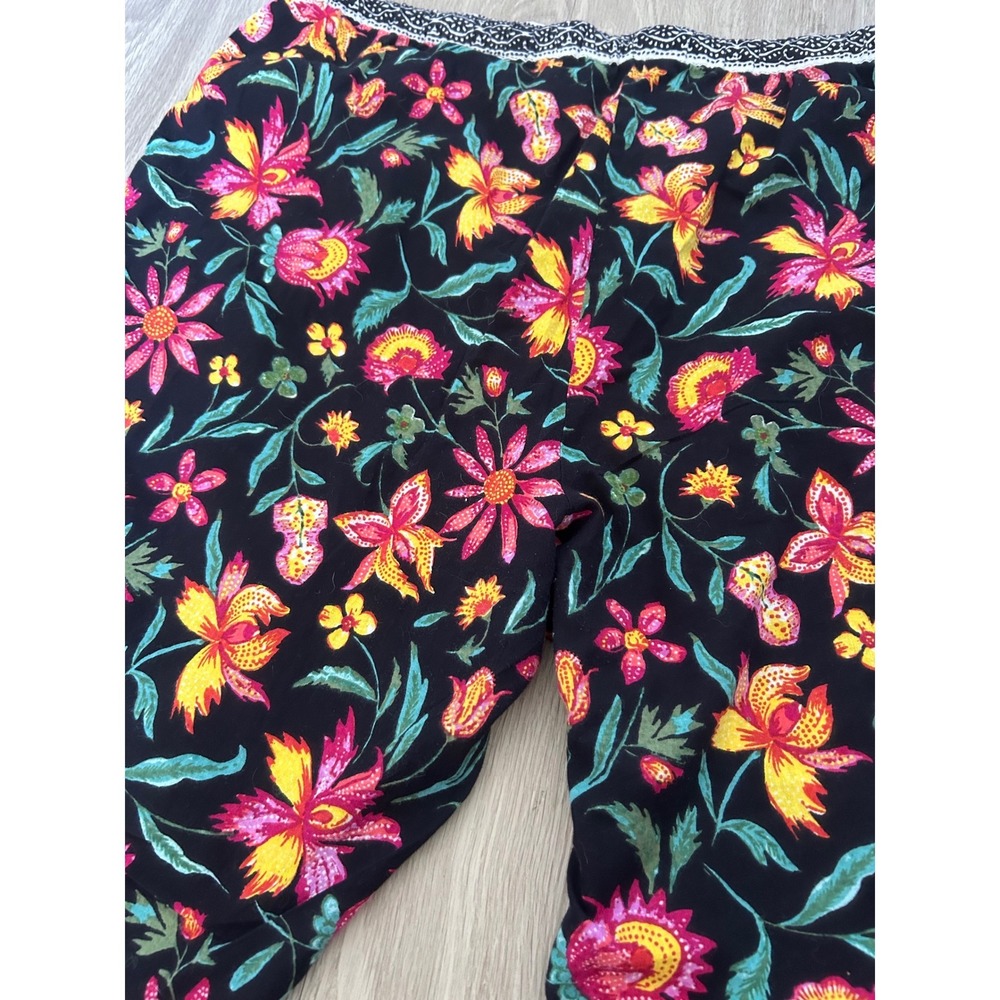 Sundance Womens Floral Cotton Crop Pants Black Pink Yellow‎ Boho Elastic Waist L - Picture 13 of 13